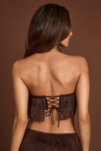 Chic Fringed Bandeau Lace-up Crop Top in Chocolate Brown