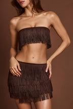 Chic Fringed Bandeau Lace-up Crop Top in Chocolate Brown