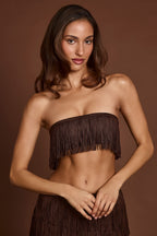 Chic Fringed Bandeau Lace-up Crop Top in Chocolate Brown