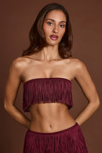 Chic Fringed Bandeau Lace-up Crop Top in Wine Red