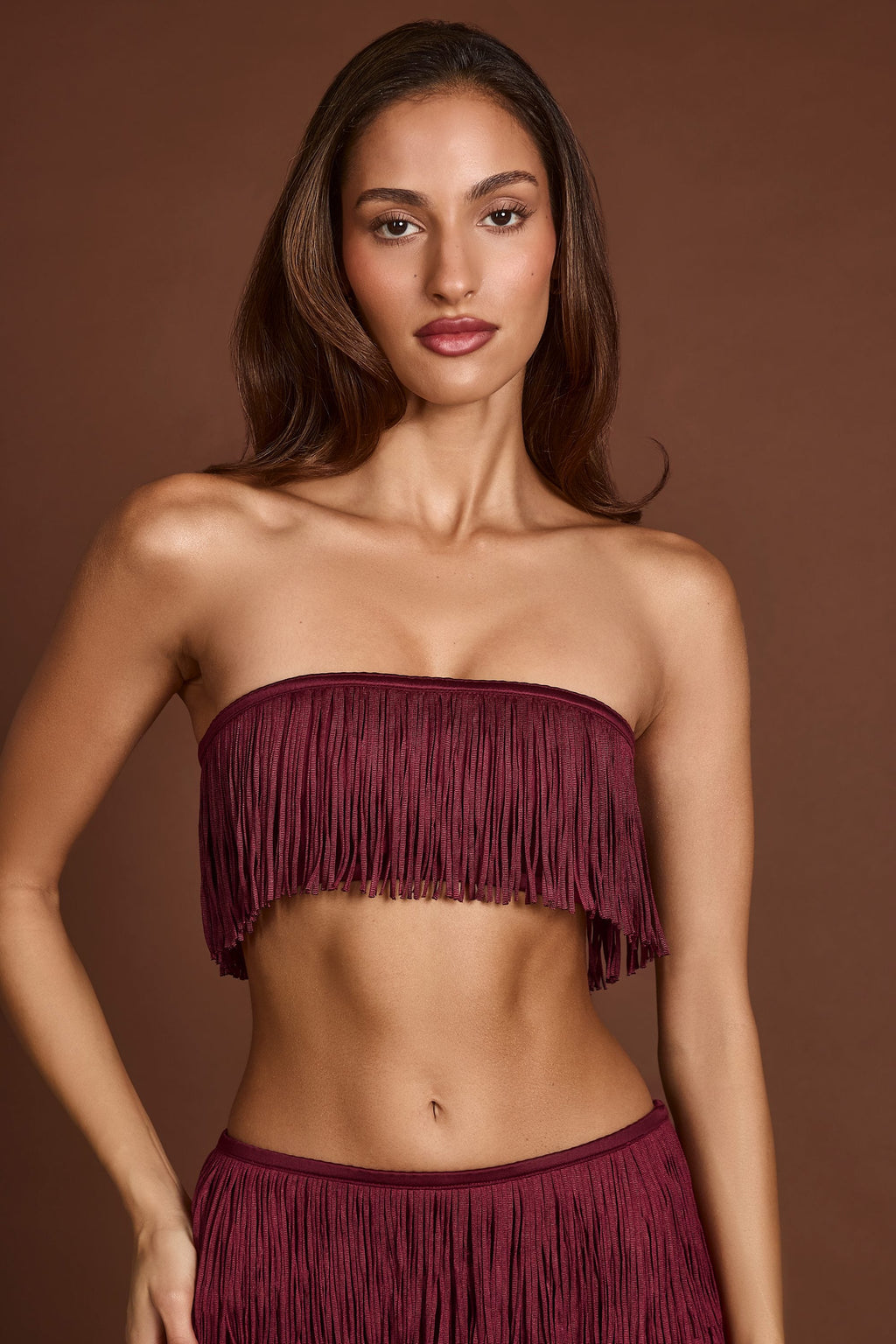 Chic Fringed Bandeau Lace-up Crop Top in Wine Red