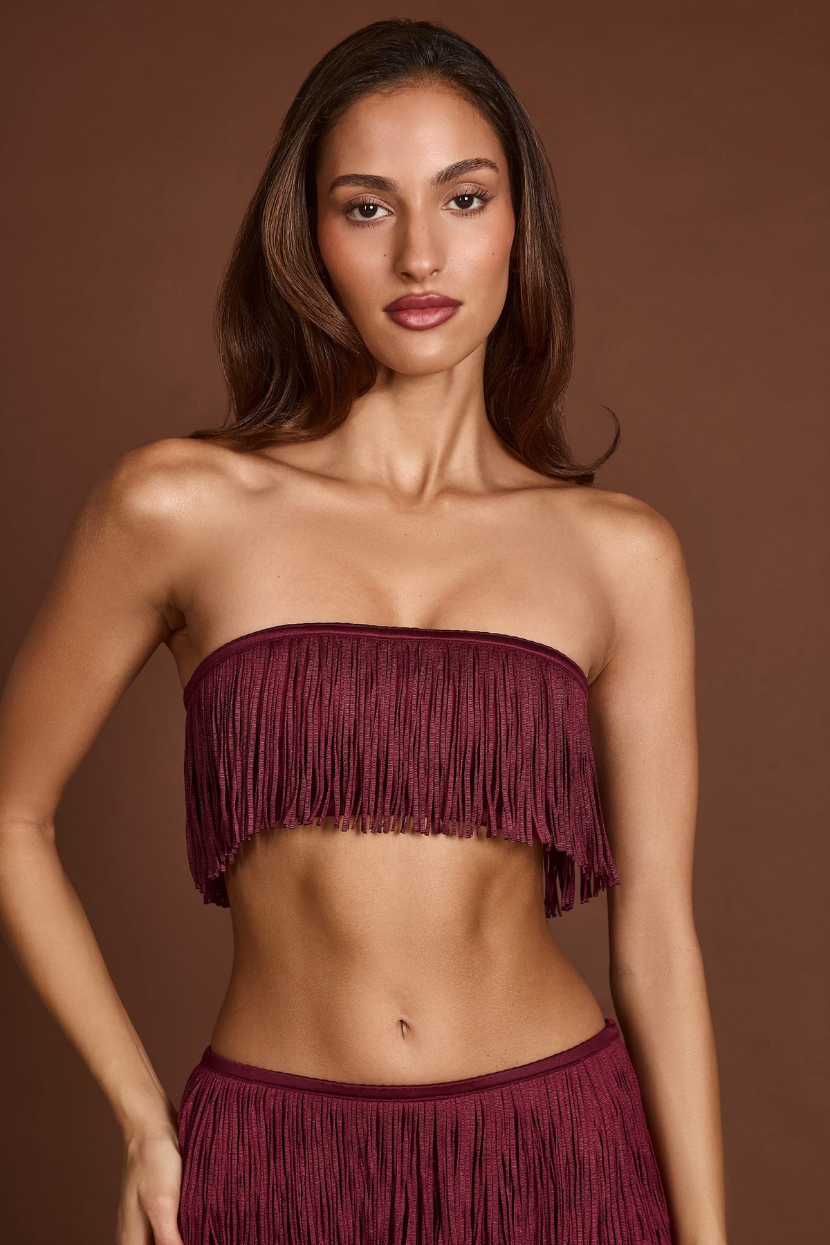 Chic Fringed Bandeau Lace-up Crop Top in Wine Red