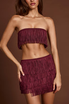 Chic Fringed Bandeau Lace-up Crop Top in Wine Red