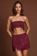 Chic Fringed Bandeau Lace-up Crop Top in Wine Red