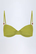 Chic Bead-Embellished Ruched Underwired Bikini Top in Olive Green