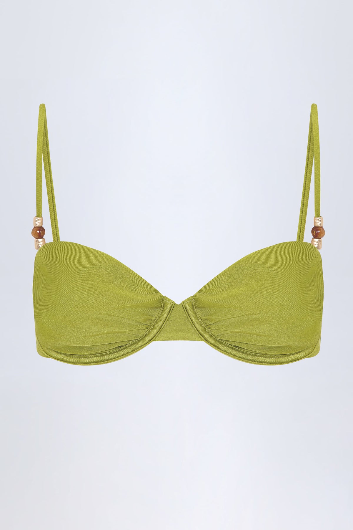 Chic Bead-Embellished Ruched Underwired Bikini Top in Olive Green