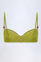 Chic Bead-Embellished Ruched Underwired Bikini Top in Olive Green