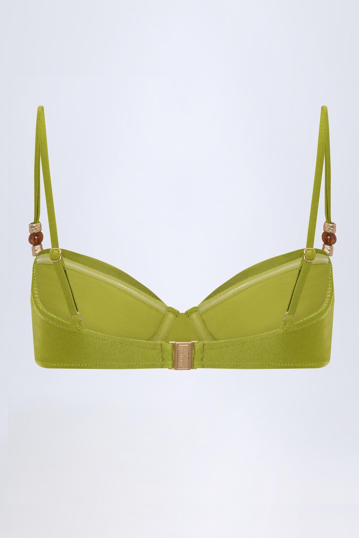 Chic Bead-Embellished Ruched Underwired Bikini Top in Olive Green