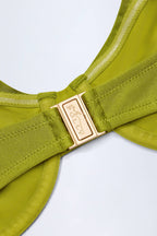 Chic Bead-Embellished Ruched Underwired Bikini Top in Olive Green