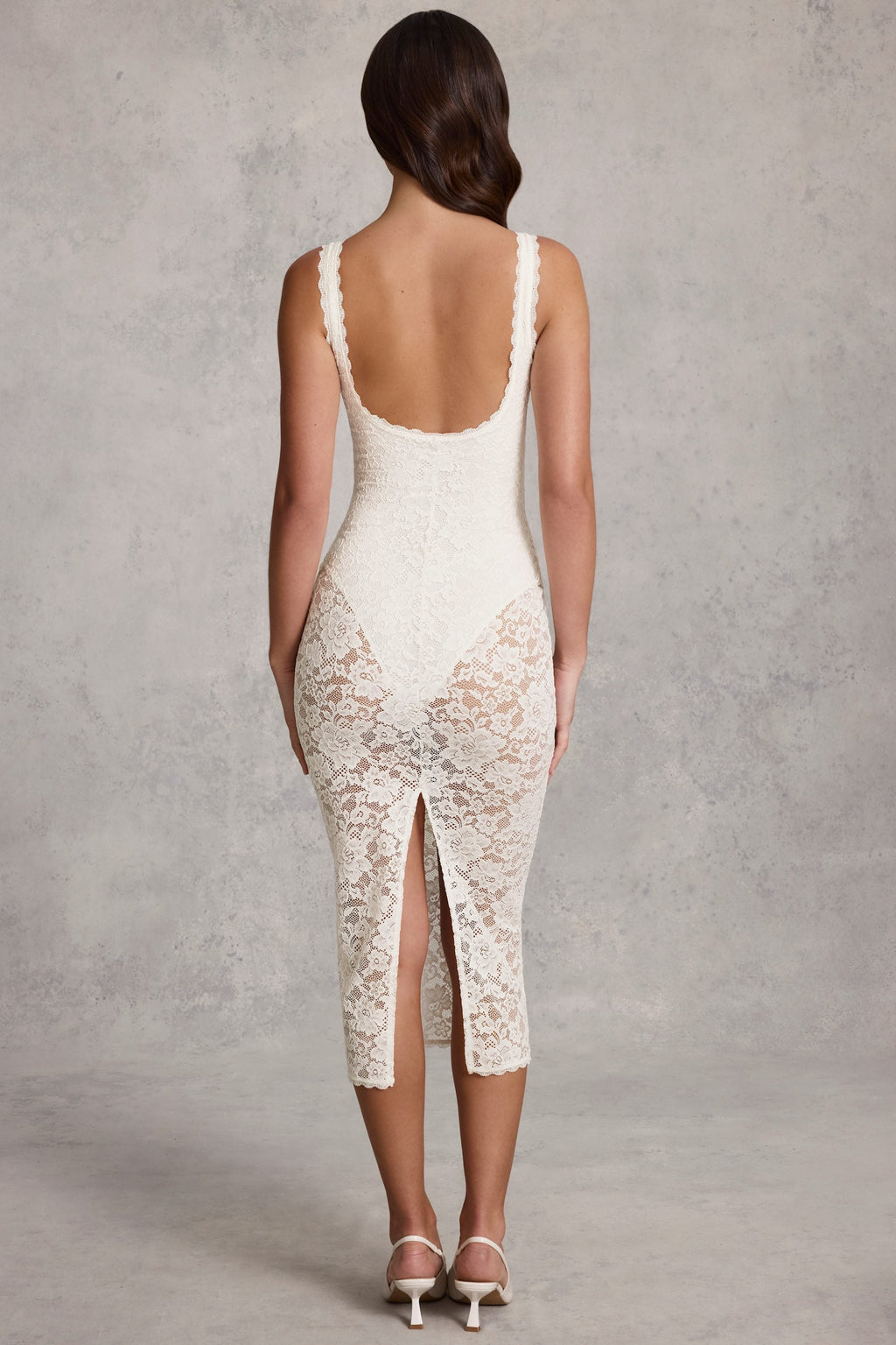 Chic Sheer Lace Scalloped Plunge Bodysuit Midaxi Dress in White