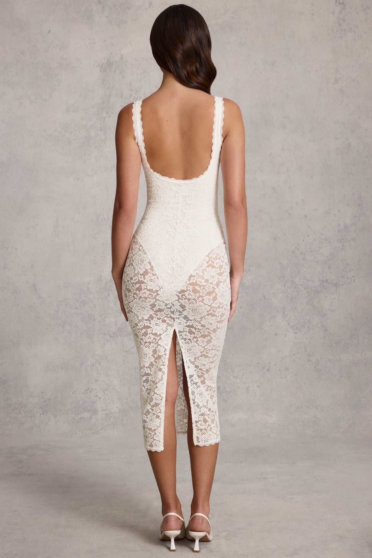 Chic Sheer Lace Scalloped Plunge Bodysuit Midaxi Dress in White