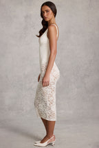Chic Sheer Lace Scalloped Plunge Bodysuit Midaxi Dress in White
