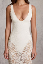 Chic Sheer Lace Scalloped Plunge Bodysuit Midaxi Dress in White