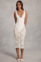 Chic Sheer Lace Scalloped Plunge Bodysuit Midaxi Dress in White