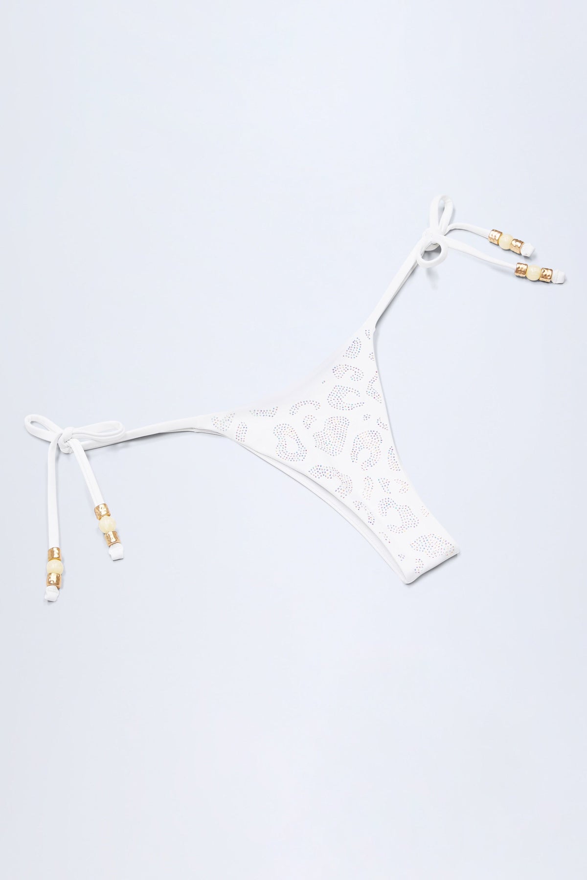Chic Side-Tie Bead Thong Bikini Bottoms in White Leopard Hotfix