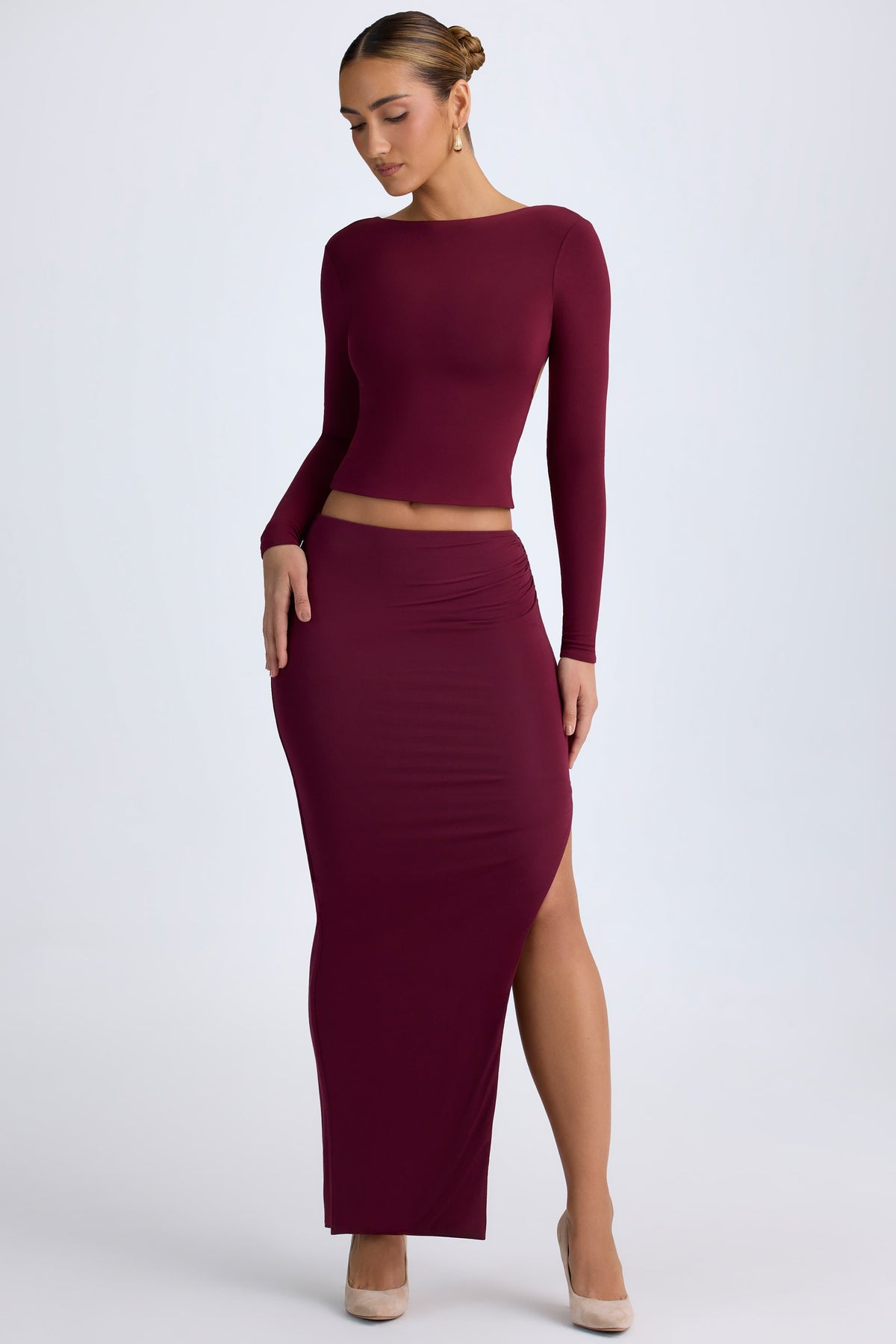 Chic Modal Low-Rise Maxi Skirt in Wine Red