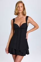 Chic Ruffle-Trim Button-Detail Corset Mini Dress in Black