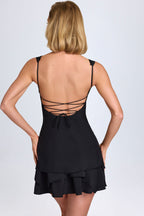 Chic Ruffle-Trim Button-Detail Corset Mini Dress in Black