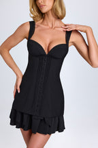 Chic Ruffle-Trim Button-Detail Corset Mini Dress in Black