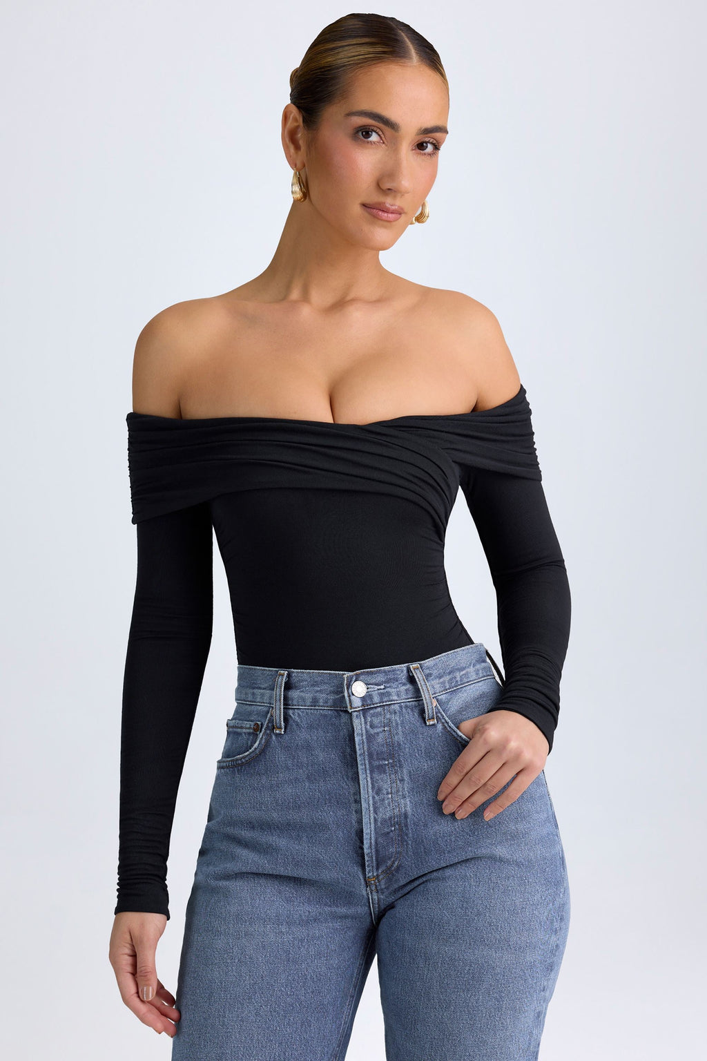 Chic Modal Off-Shoulder Ruched Bodysuit in Black