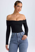 Chic Modal Off-Shoulder Ruched Bodysuit in Black