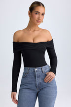 Chic Modal Off-Shoulder Ruched Bodysuit in Black