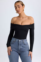 Chic Modal Off-Shoulder Ruched Bodysuit in Black