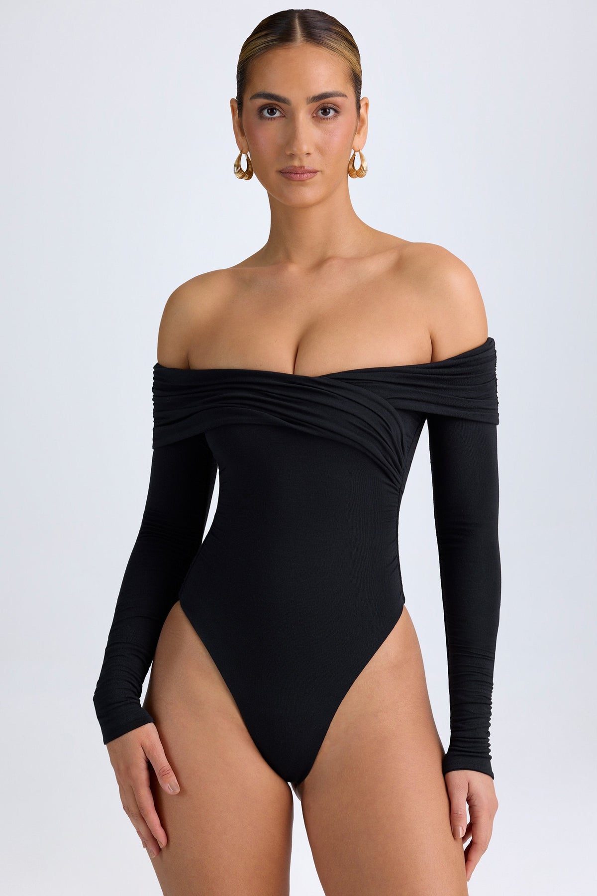 Chic Modal Off-Shoulder Ruched Bodysuit in Black