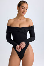 Chic Modal Off-Shoulder Ruched Bodysuit in Black
