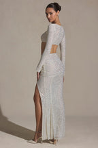 Chic Embellished Ruched Maxi Skirt in White