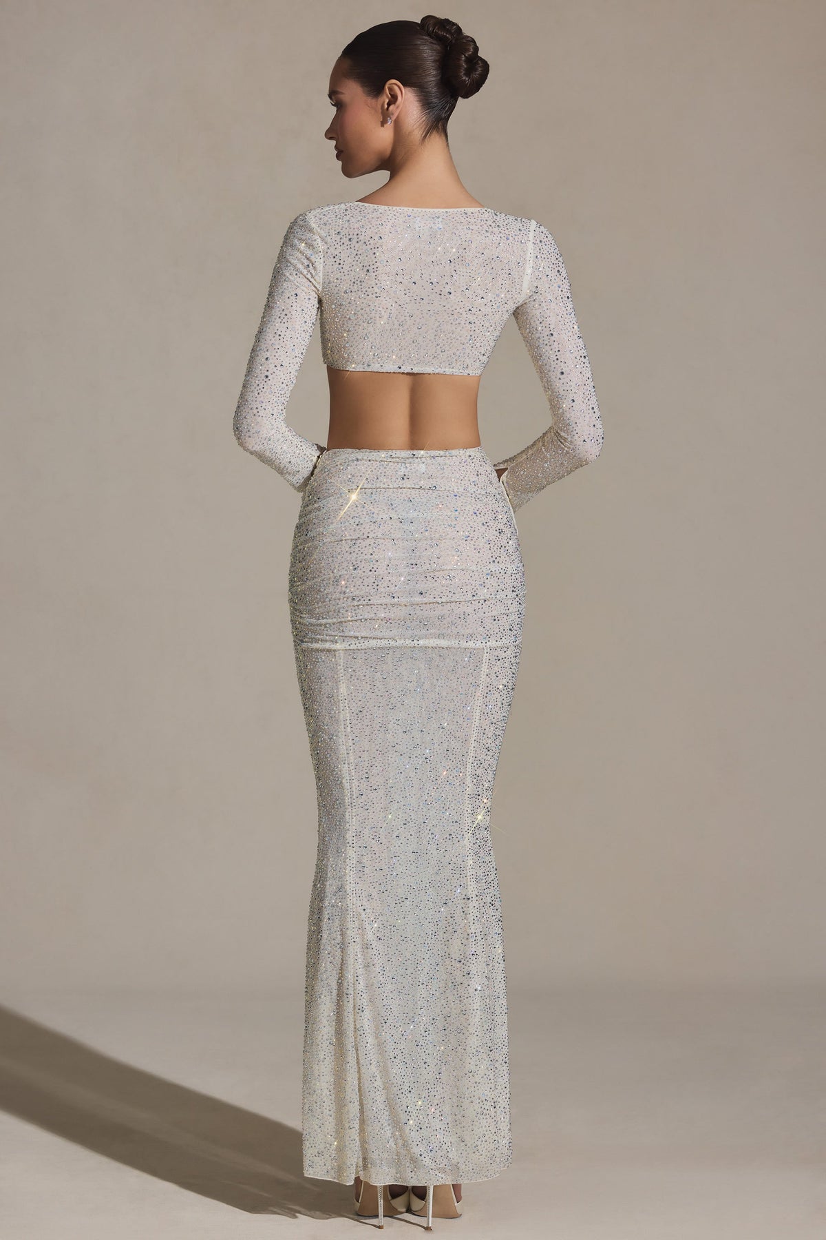 Chic Embellished Ruched Maxi Skirt in White