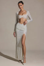 Chic Embellished Ruched Maxi Skirt in White