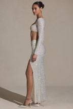 Chic Embellished Ruched Maxi Skirt in White