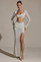 Chic Embellished Ruched Maxi Skirt in White