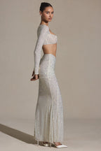 Chic Embellished Ruched Maxi Skirt in White