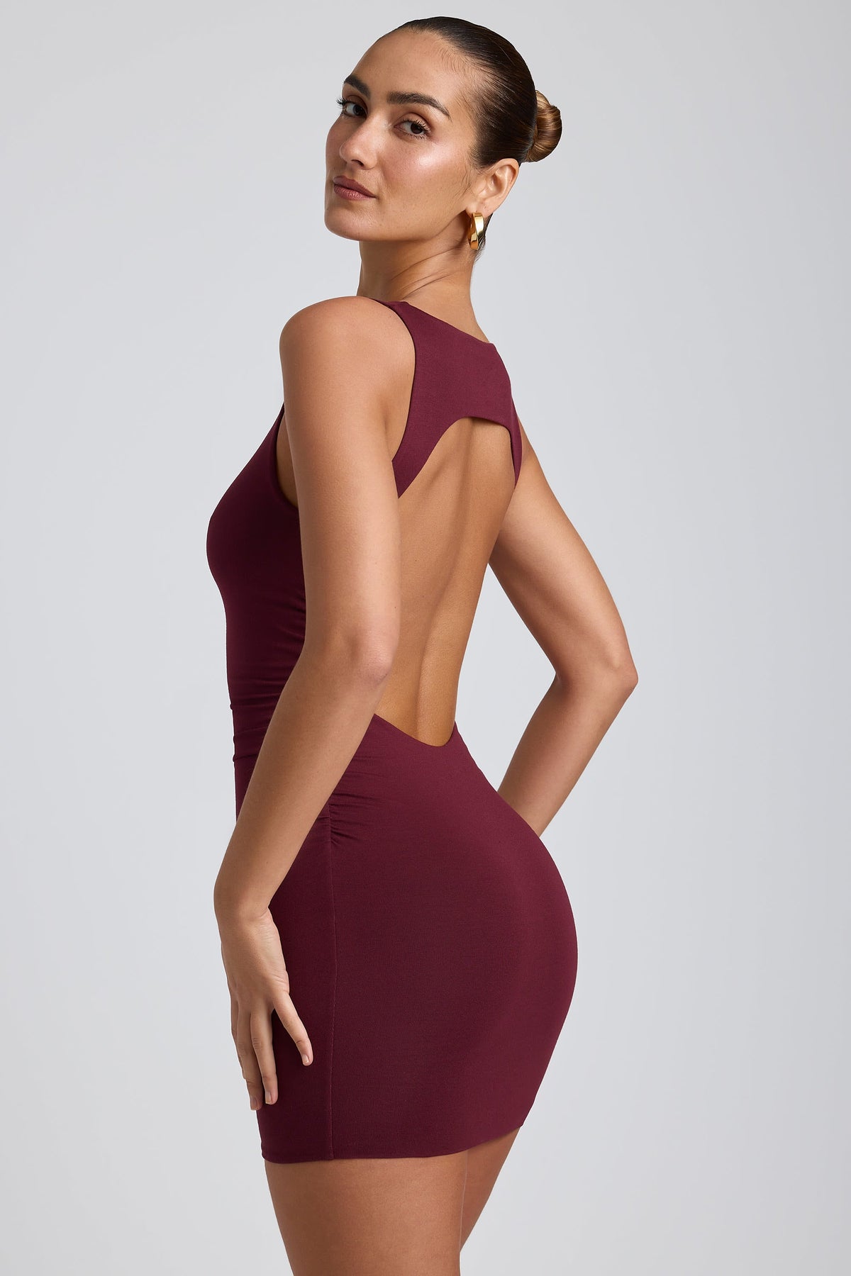 Chic Modal High-Neck Open-Back Mini Dress in Plum
