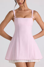 Chic Bow-Detail Pleated A-Line Mini Dress in Soft Pink