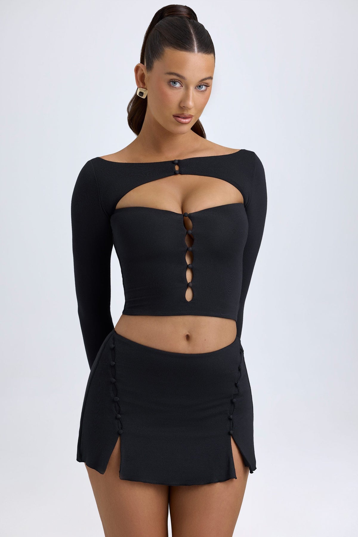 Chic Modal Cut-Out Button-Detail Top in Black