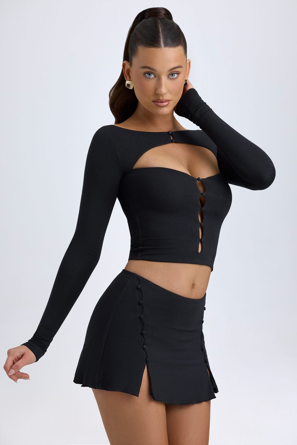 Chic Modal Cut-Out Button-Detail Top in Black