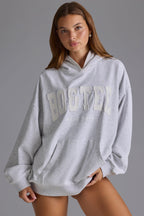 Chic Cotton Fleece Appliqué Oversized Hoodie in Grey Marl