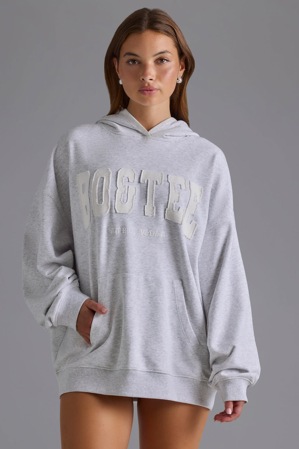 Chic Cotton Fleece Appliqué Oversized Hoodie in Grey Marl
