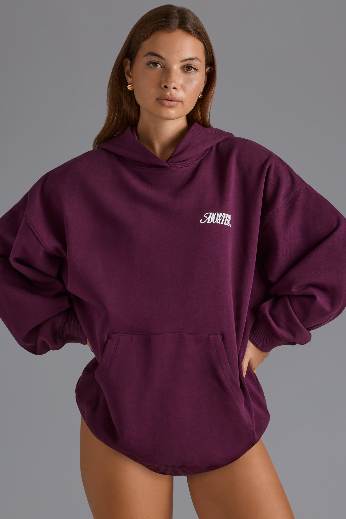 Chic Cotton Fleece Appliqué Oversized Hoodie in Grape