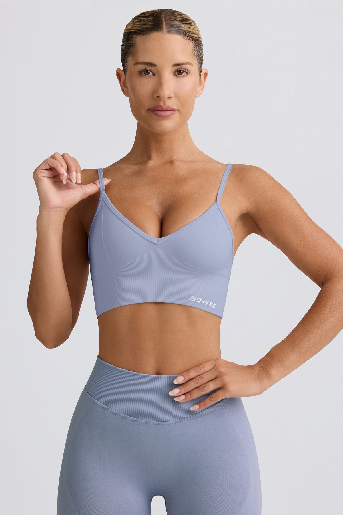 Chic Define Luxe V-Neck Sports Bra in Blue Grey