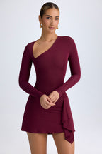 Chic Modal Asymmetric A-Line Mini Dress in Wine Red