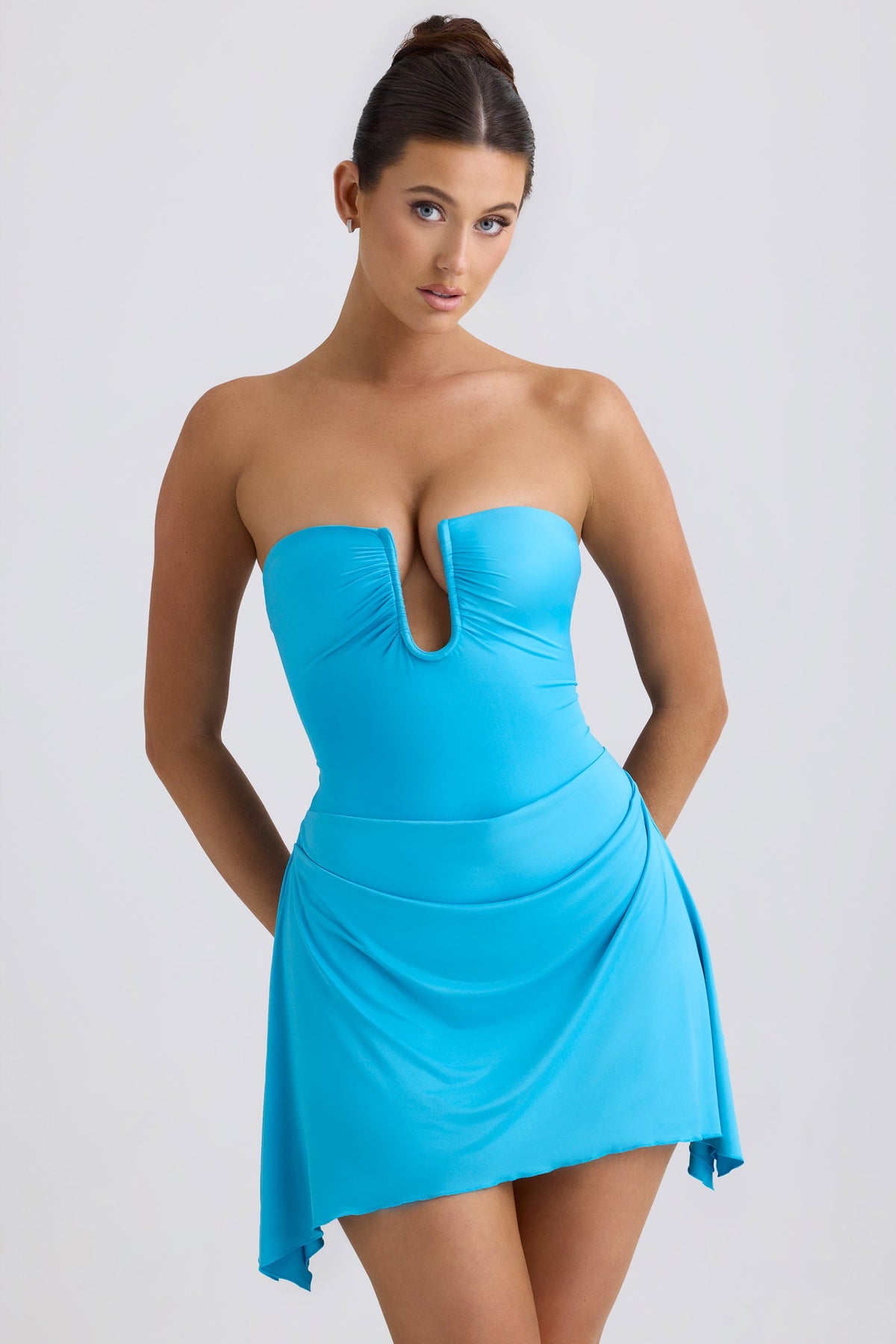 Chic Slinky Jersey Draped A-Line Mini Dress in Ocean Blue