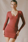 Chic Modal-Cashmere Blend Draped Long-Sleeve Mini Dress in Brick Red