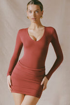 Chic Modal-Cashmere Blend Draped Long-Sleeve Mini Dress in Brick Red