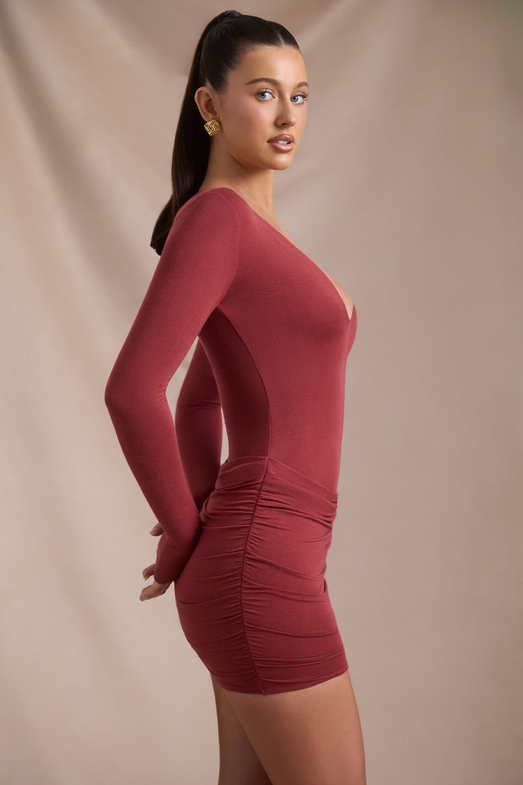 Chic Modal-Cashmere Blend Draped Long-Sleeve Mini Dress in Brick Red