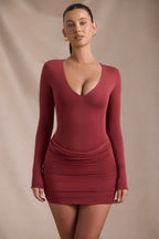 Chic Modal-Cashmere Blend Draped Long-Sleeve Mini Dress in Brick Red