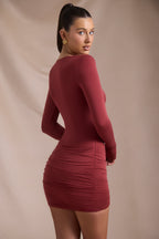 Chic Modal-Cashmere Blend Draped Long-Sleeve Mini Dress in Brick Red